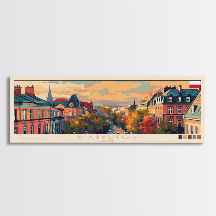 Bialystok Poland Panoramic Travel Poster, Framed Canvas Print or Metal Wall Art, Travel Art, Home Decor, Panoramic Painting, Midcentury Art