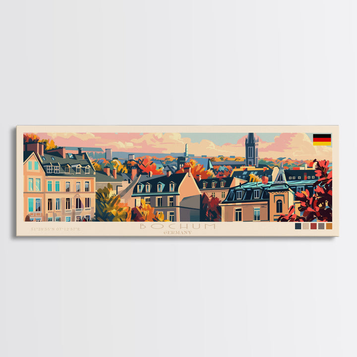 Bochum Germany Panoramic Travel Poster, Framed Canvas Print or Metal Wall Art, Travel Art, Home Decor, Panoramic Painting, Midcentury Art