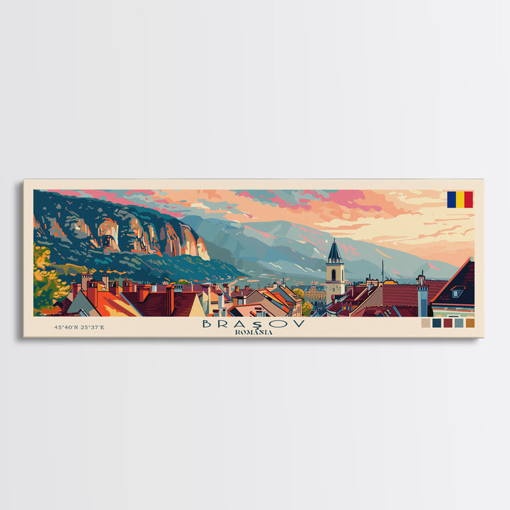 Brasov Romania Panoramic Travel Poster, Framed Canvas Print or Metal Wall Art, Travel Art, Home Decor, Panoramic Painting, Midcentury Art