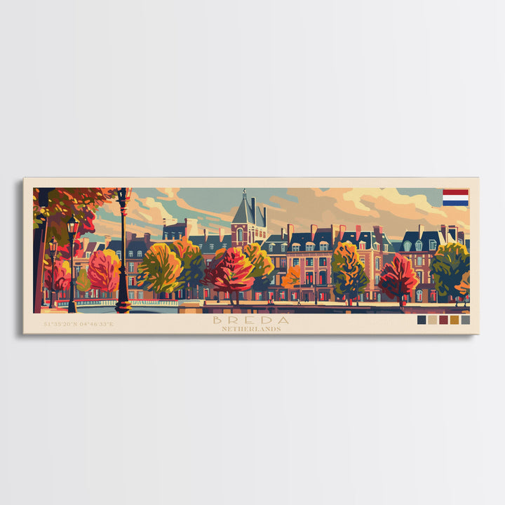 Breda Netherlands Panoramic Travel Poster, Framed Canvas Print or Metal Wall Art, Travel Art, Home Decor, Panoramic Painting, Midcentury Art