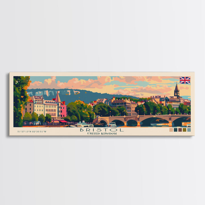 Bristol United Kingdom Panoramic Travel Poster, Framed Canvas Print or Metal Wall Art, Travel Art, Home Decor, Panoramic Painting, Midcentury Art