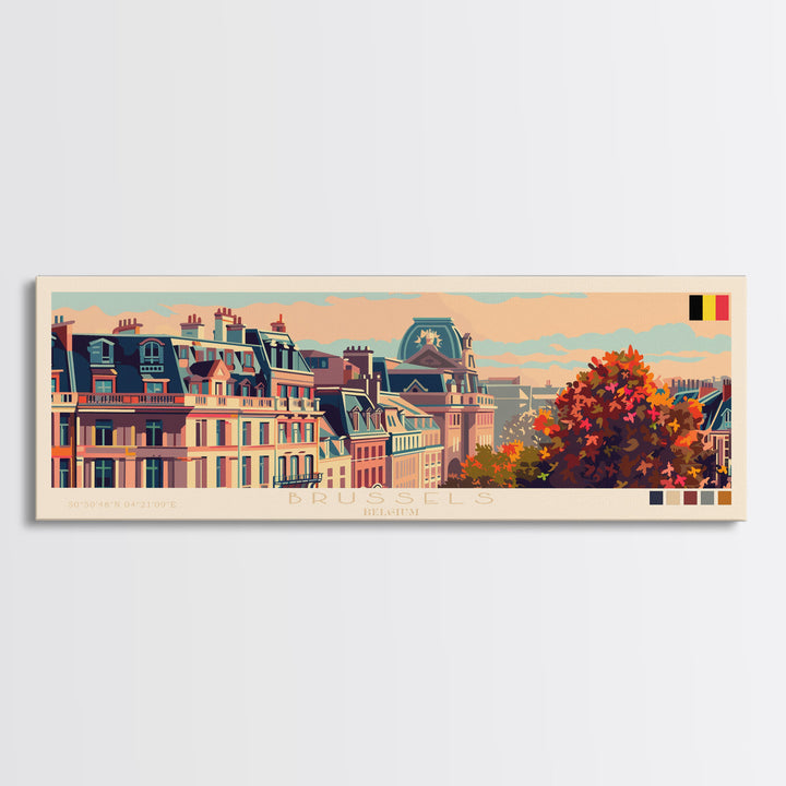 Brussels Belgium Panoramic Travel Poster, Framed Canvas Print or Metal Wall Art, Travel Art, Home Decor, Panoramic Painting, Midcentury Art