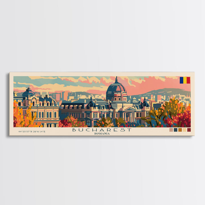 Bucharest Romania Wall Art, Panoramic Travel Poster, Panoramic Framed Canvas Print, City Wall Art, Wall Hanging Home Decor, Travel Art