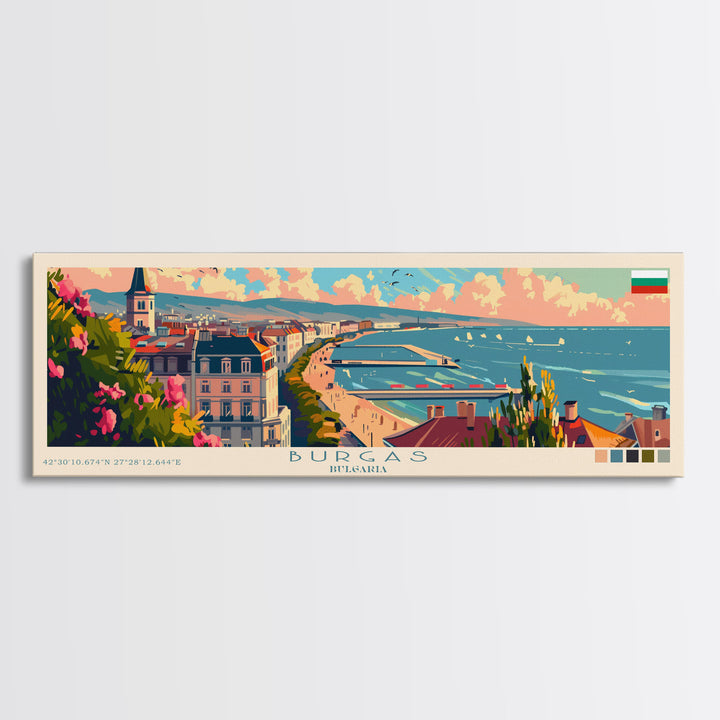 Burgas Bulgaria Panoramic Travel Poster, Framed Canvas Print or Metal Wall Art, Travel Art, Home Decor, Panoramic Painting, Midcentury Art