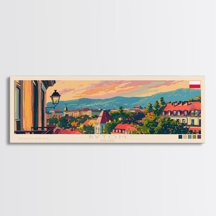 Bytom Poland Panoramic Travel Poster, Framed Canvas Print or Metal Wall Art, Travel Art, Home Decor, Panoramic Painting, Midcentury Art