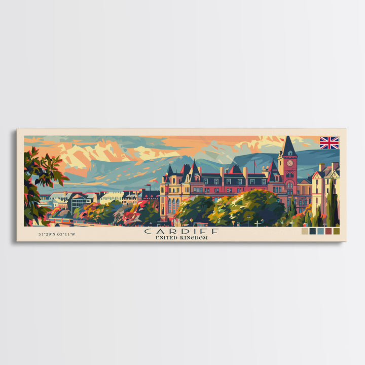 Cardiff United Kingdom Travel Art, City Art, Framed Canvas Print or Metal Wall Art, Europe Travel Poster, Panoramic Wall Art, Extra Wide Wall Art