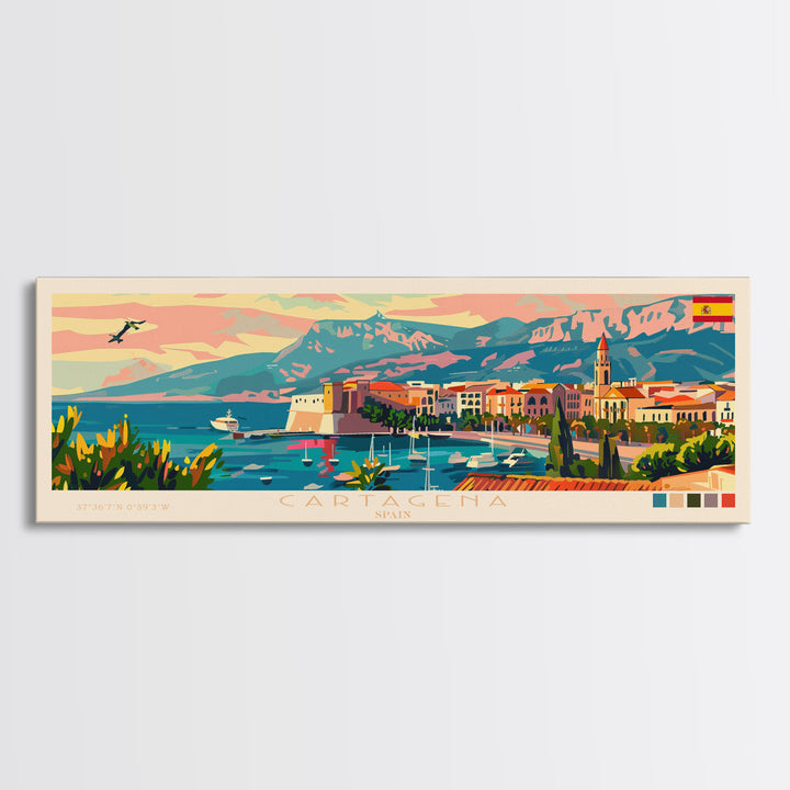 Cartagena Spain Panoramic Travel Poster, Framed Canvas Print or Metal Wall Art, Travel Art, Home Decor, Panoramic Painting, Midcentury Art