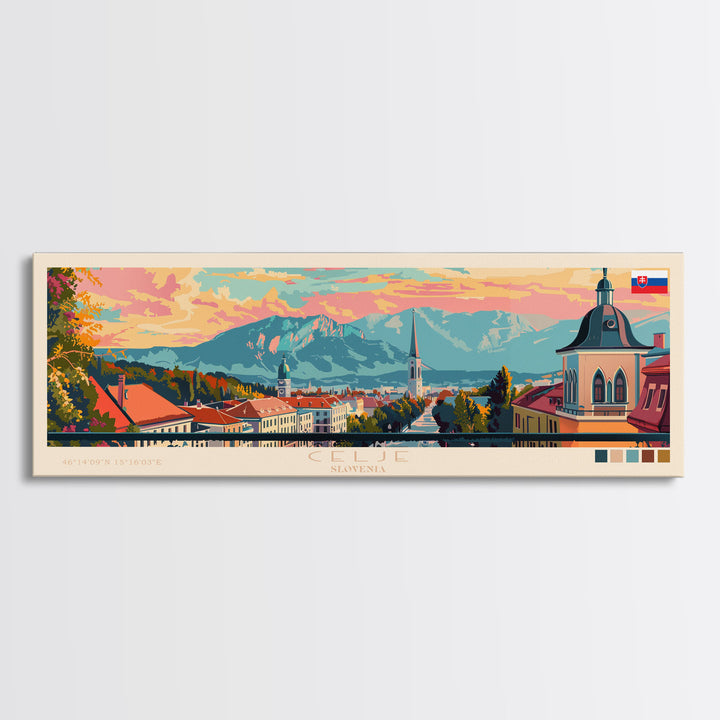 Celje Slovenia Panoramic Travel Poster, Framed Canvas Print or Metal Wall Art, Travel Art, Home Decor, Panoramic Painting, Midcentury Art