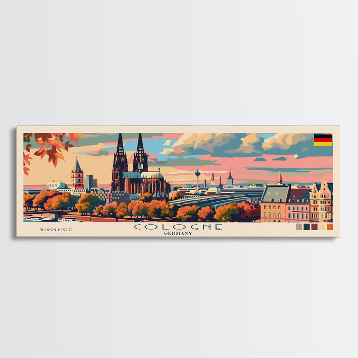 Cologne Germany Panoramic Travel Poster, Framed Canvas Print or Metal Wall Art, Travel Art, Home Decor, Panoramic Painting, Midcentury Art