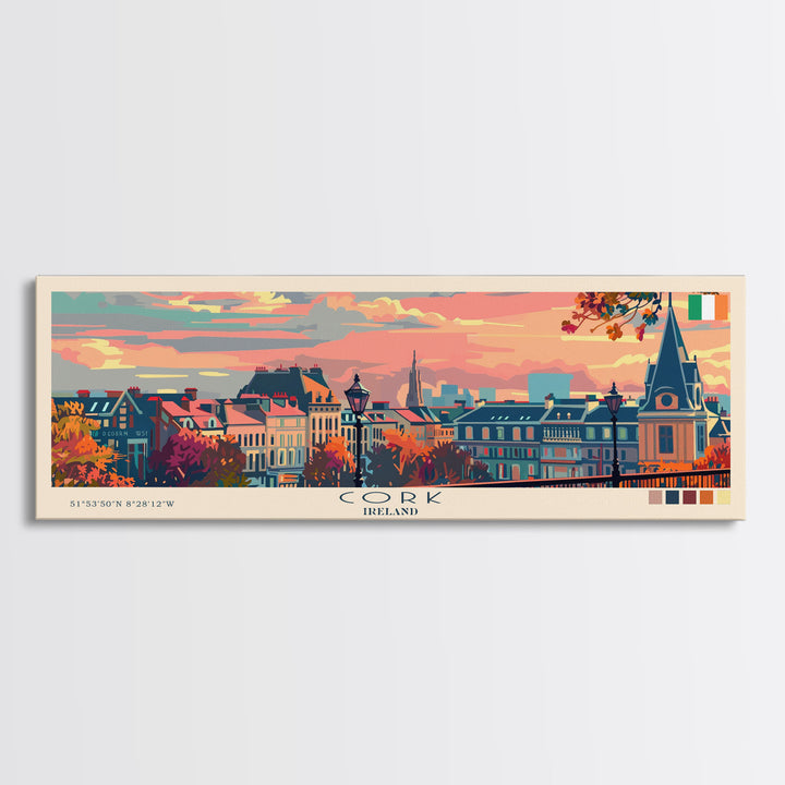 Cork Ireland Panoramic Travel Poster, Framed Canvas Print or Metal Wall Art, Travel Art, Home Decor, Panoramic Painting, Midcentury Art