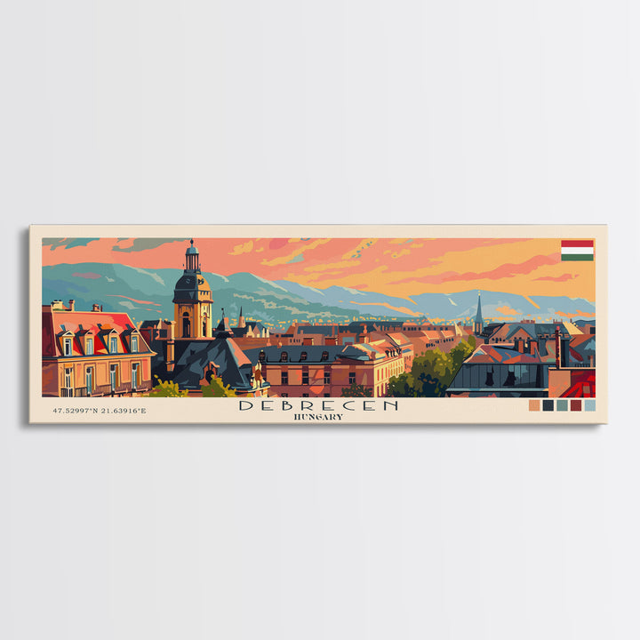 Debrecen Hungary Panoramic Travel Poster, Framed Canvas Print or Metal Wall Art, Travel Art, Home Decor, Panoramic Painting, Midcentury Art