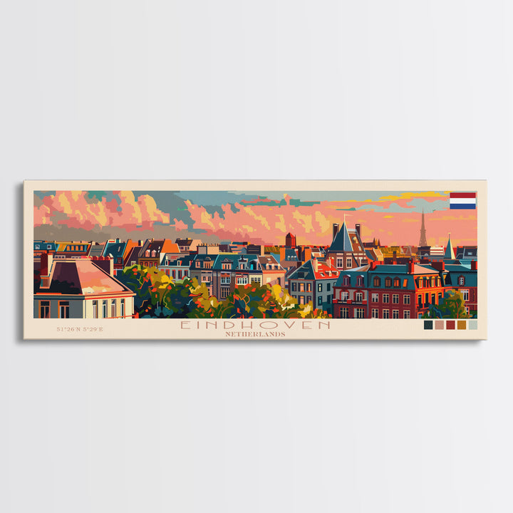 Eindhoven Netherlands Panoramic Travel Poster, Framed Canvas Print or Metal Wall Art, Travel Art, Home Decor, Panoramic Painting, Midcentury Art