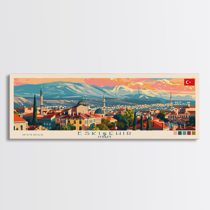 Eskisehir Turkey Panoramic Travel Poster, Framed Canvas Print or Metal Wall Art, Travel Art, Home Decor, Panoramic Painting, Midcentury Art