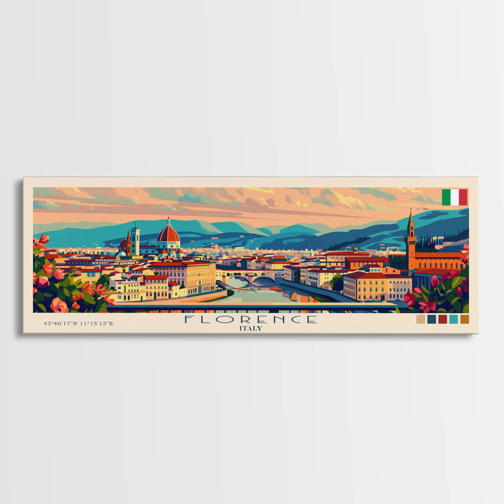 Florence Italy Panoramic Travel Poster, Framed Canvas Print or Metal Wall Art, Travel Art, Home Decor, Panoramic Painting, Midcentury Art