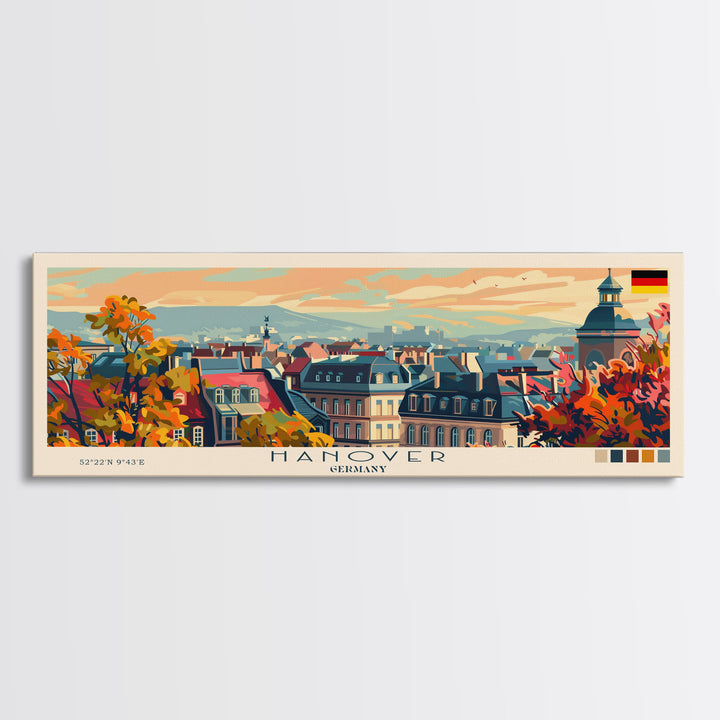 Hanover Germany Panoramic Travel Poster, Framed Canvas Print or Metal Wall Art, Travel Art, Home Decor, Panoramic Painting, Midcentury Art