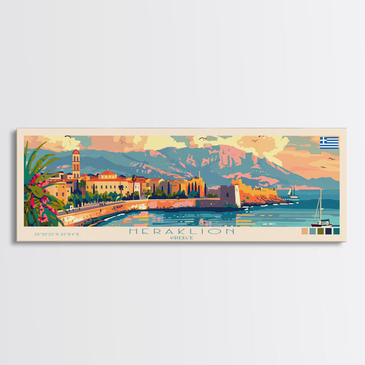 Heraklion Greece Panoramic Travel Poster, Framed Canvas Print or Metal Wall Art, Travel Art, Home Decor, Panoramic Painting, Midcentury Art