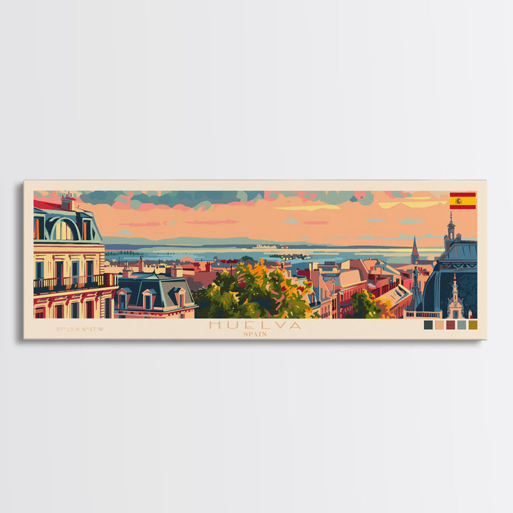 Huelva Spain Panoramic Travel Poster, Framed Canvas Print or Metal Wall Art, Travel Art, Home Decor, Panoramic Painting, Midcentury Art