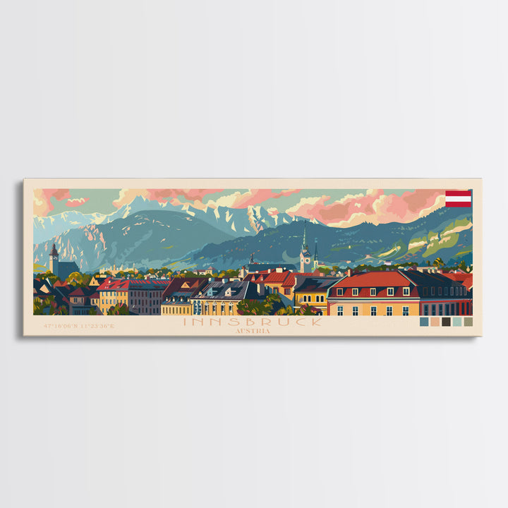 Innsbruck Austria Panoramic Travel Poster, Framed Canvas Print or Metal Wall Art, Travel Art, Home Decor, Panoramic Painting, Midcentury Art