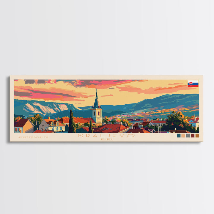 Kraljevo Serbia Panoramic Travel Poster, Framed Canvas Print or Metal Wall Art, Travel Art, Home Decor, Panoramic Painting, Midcentury Art