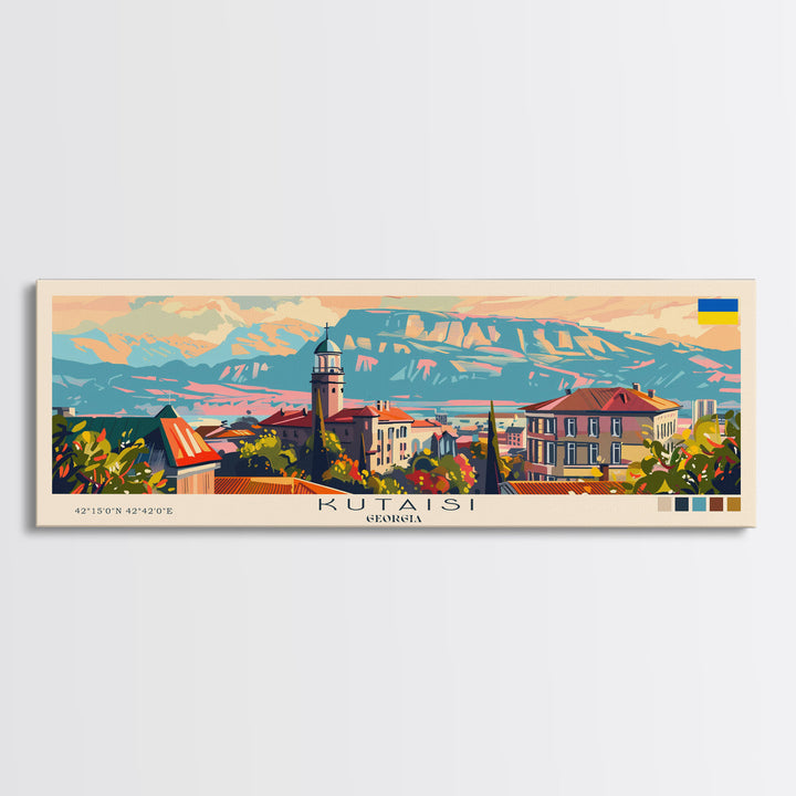 Kutaisi Georgia Panoramic Travel Poster, Framed Canvas Print or Metal Wall Art, Travel Art, Home Decor, Panoramic Painting, Midcentury Art