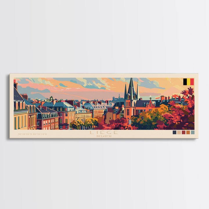 Liege Belgium Panoramic Travel Poster, Framed Canvas Print or Metal Wall Art, Travel Art, Home Decor, Panoramic Painting, Midcentury Art