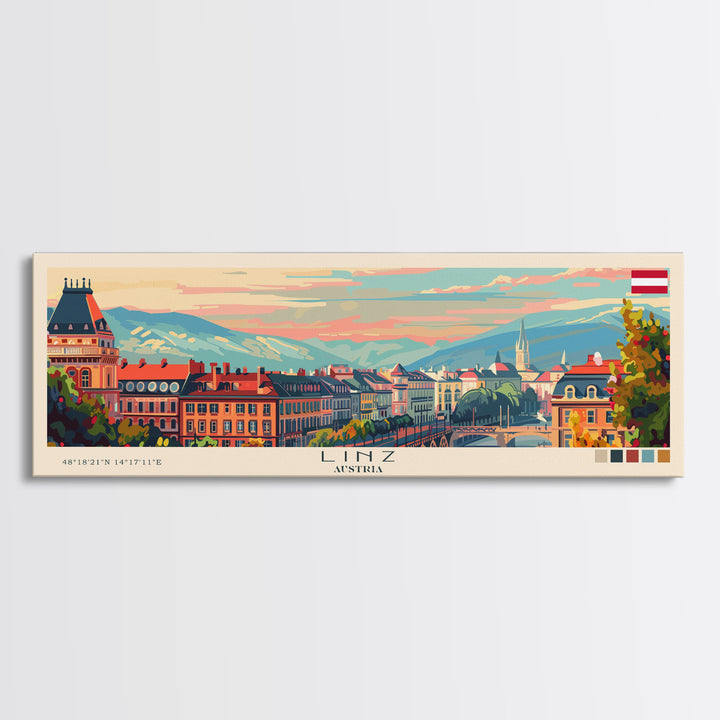 Linz Austria Panoramic Travel Poster, Framed Canvas Print or Metal Wall Art, Travel Art, Home Decor, Panoramic Painting, Midcentury Art