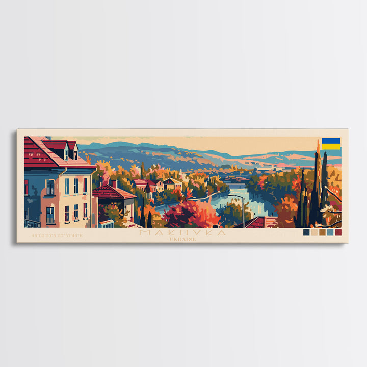 Makiivka Ukraine Panoramic Travel Poster, Framed Canvas Print or Metal Wall Art, Travel Art, Home Decor, Panoramic Painting, Midcentury Art