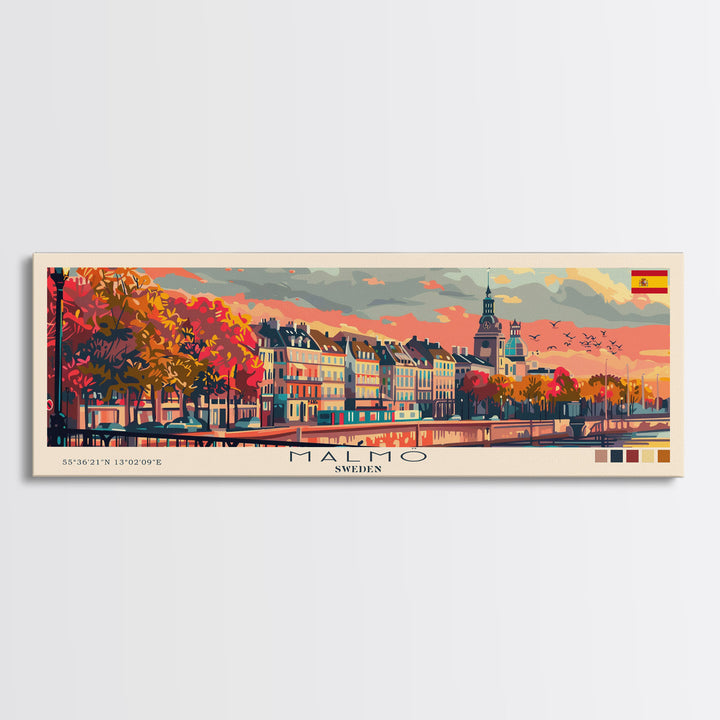 Malmo Sweden Travel Art, City Art, Framed Canvas Print or Metal Wall Art, Europe Travel Poster, Panoramic Wall Art, Extra Wide Wall Art