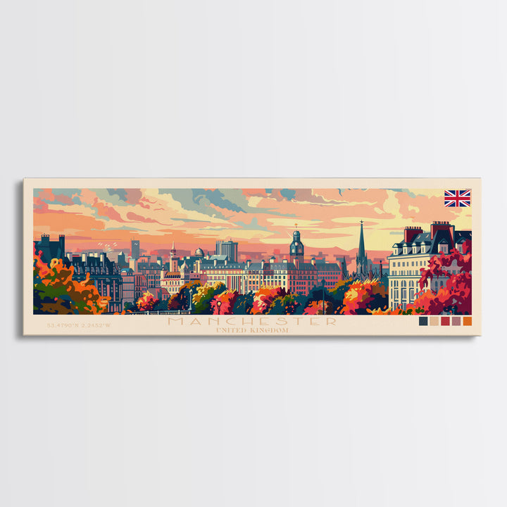 Manchester United Kingdom Panoramic Travel Poster, Framed Canvas Print or Metal Wall Art, Travel Art, Home Decor, Panoramic Painting, Midcentury Art