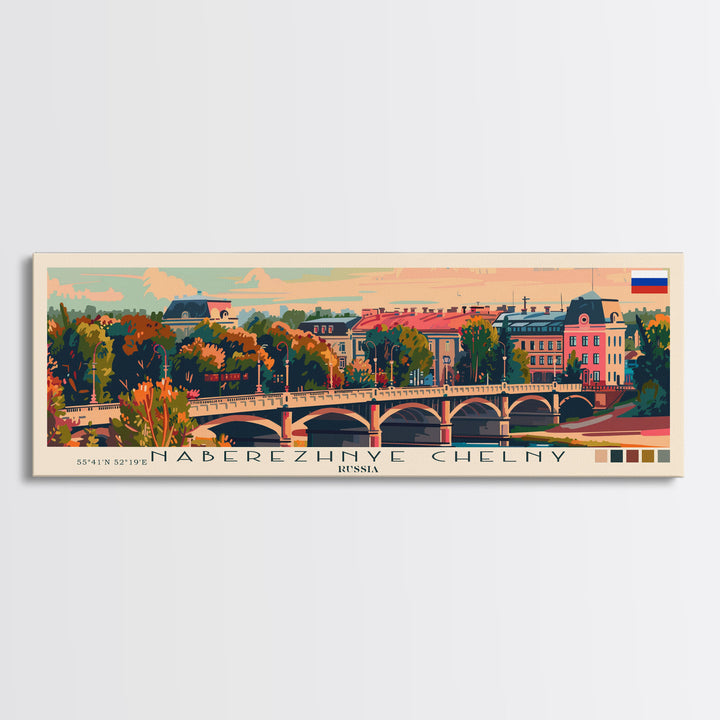 Naberezhnye Russia Travel Art, City Art, Framed Canvas Print or Metal Wall Art, Europe Travel Poster, Panoramic Wall Art, Extra Wide Wall Art