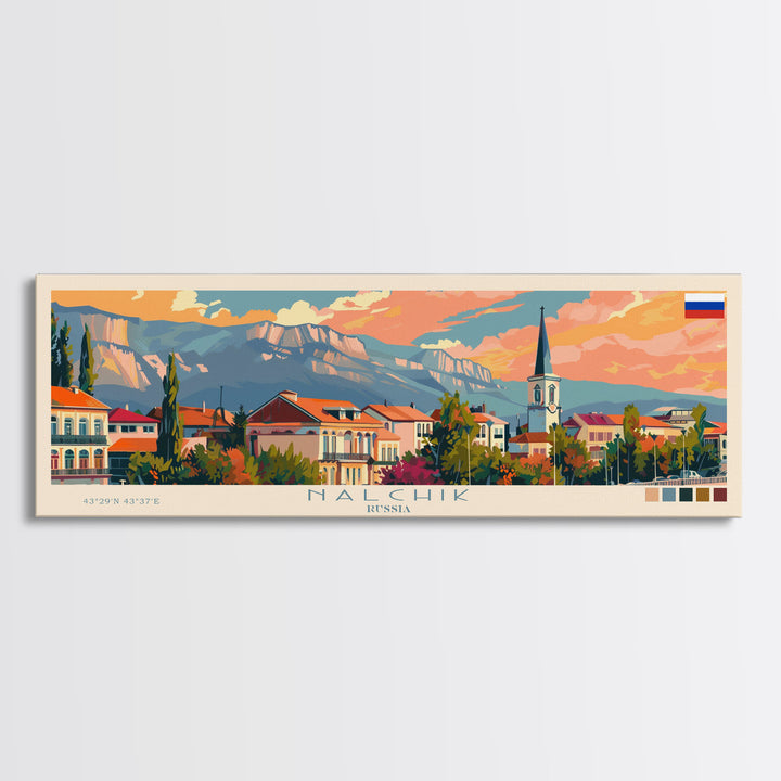 Nalchik Russia Panoramic Travel Poster, Framed Canvas Print or Metal Wall Art, Travel Art, Home Decor, Panoramic Painting, Midcentury Art