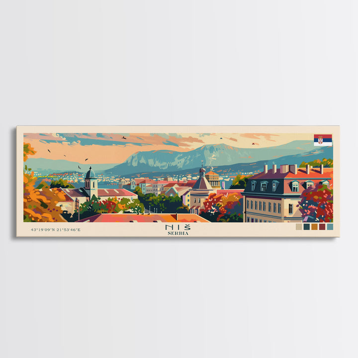 Niš Serbia Panoramic Travel Poster, Framed Canvas Print or Metal Wall Art, Travel Art, Home Decor, Panoramic Painting, Midcentury Art