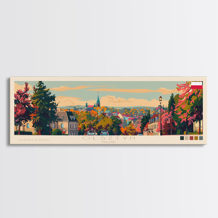 Olsztyn Poland Panoramic Travel Poster, Framed Canvas Print or Metal Wall Art, Travel Art, Home Decor, Panoramic Painting, Midcentury Art