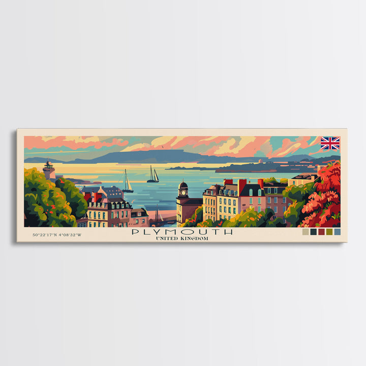 Plymouth United Kingdom Panoramic Travel Poster, Framed Canvas Print or Metal Wall Art, Travel Art, Home Decor, Panoramic Painting, Midcentury Art