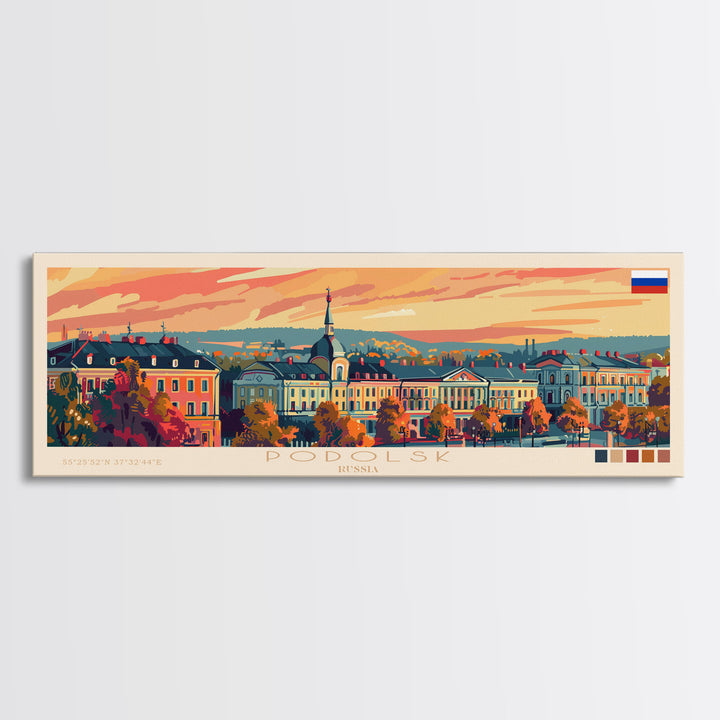 Podolsk Russia Panoramic Travel Poster, Framed Canvas Print or Metal Wall Art, Travel Art, Home Decor, Panoramic Painting, Midcentury Art