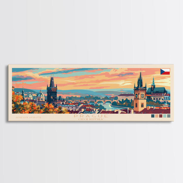 Prague Czech Republic Travel Art, City Art, Framed Canvas Print or Metal Wall Art, Europe Travel Poster, Panoramic Wall Art, Extra Wide Wall Art