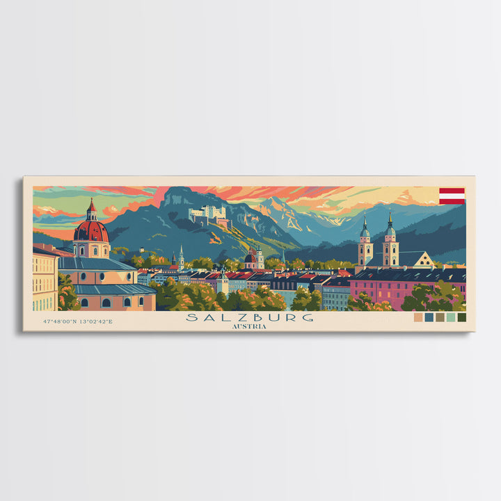 Salzburg Austria Panoramic Travel Poster, Framed Canvas Print or Metal Wall Art, Travel Art, Home Decor, Panoramic Painting, Midcentury Art