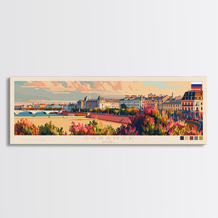 Saransk Russia Panoramic Travel Poster, Framed Canvas Print or Metal Wall Art, Travel Art, Home Decor, Panoramic Painting, Midcentury Art