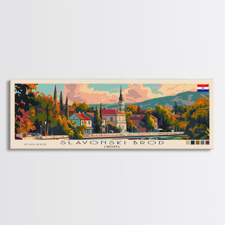 Slavonski Brod Croatia Panoramic Travel Poster, Framed Canvas Print or Metal Wall Art, Travel Art, Home Decor, Panoramic Painting, Midcentury Art