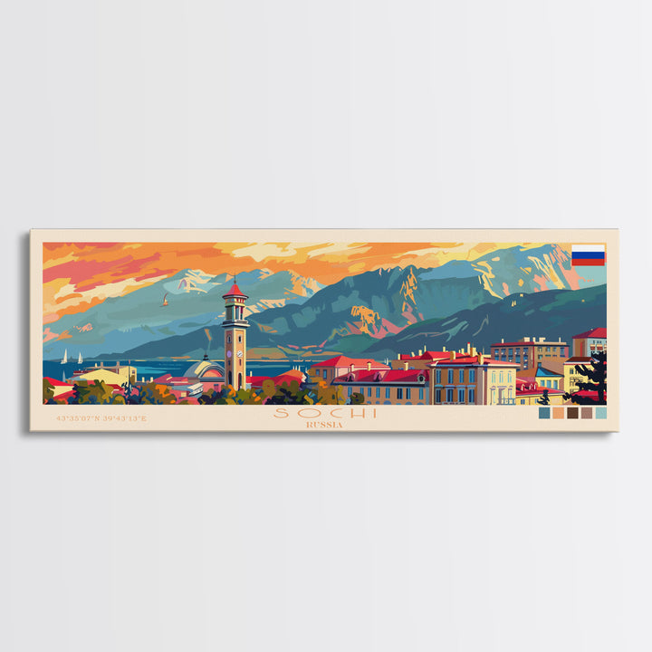 Sochi Russia Panoramic Travel Poster, Framed Canvas Print or Metal Wall Art, Travel Art, Home Decor, Panoramic Painting, Midcentury Art