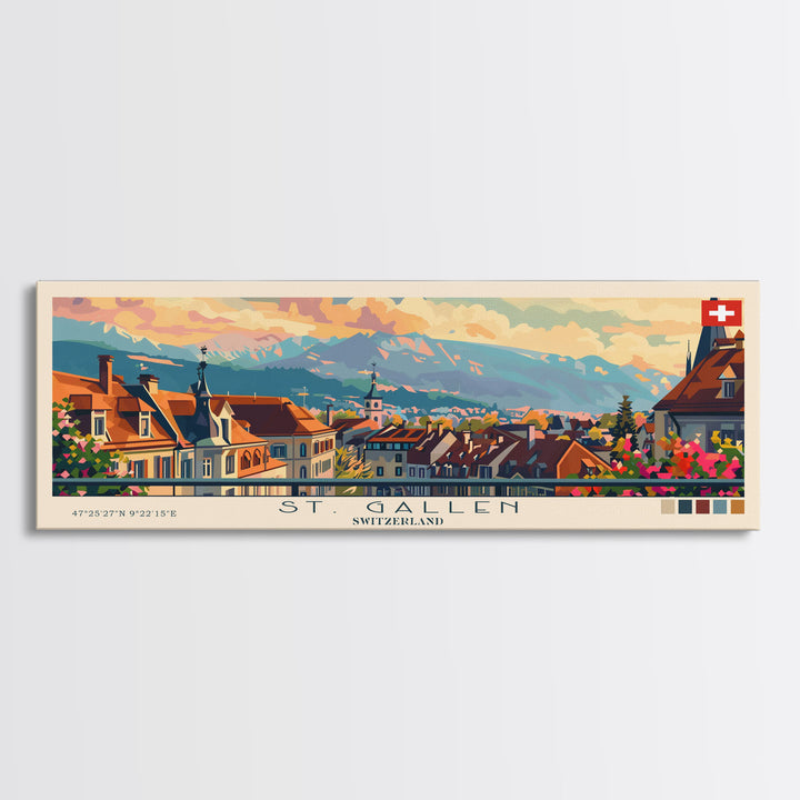 St. Gallen Switzerland Panoramic Travel Poster, Framed Canvas Print or Metal Wall Art, Travel Art, Home Decor, Panoramic Painting, Midcentury Art