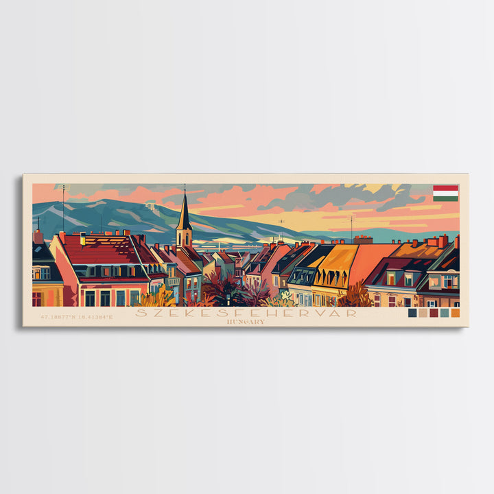 Szkesfehervar Hungary Panoramic Travel Poster, Framed Canvas Print or Metal Wall Art, Travel Art, Home Decor, Panoramic Painting, Midcentury Art