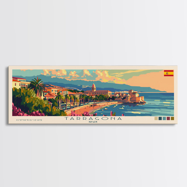 Tarragona Spain Panoramic Travel Poster, Framed Canvas Print or Metal Wall Art, Travel Art, Home Decor, Panoramic Painting, Midcentury Art