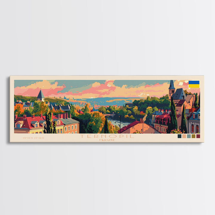 Ternopil Ukraine Panoramic Travel Poster, Framed Canvas Print or Metal Wall Art, Travel Art, Home Decor, Panoramic Painting, Midcentury Art