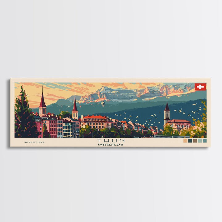 Thun Switzerland Panoramic Travel Poster, Framed Canvas Print or Metal Wall Art, Travel Art, Home Decor, Panoramic Painting, Midcentury Art