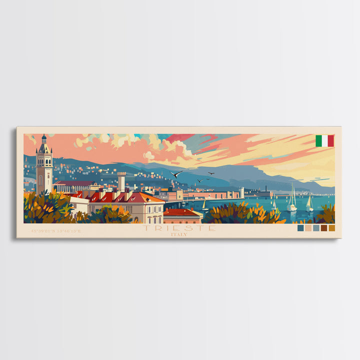 Trieste Italy Panoramic Travel Poster, Framed Canvas Print or Metal Wall Art, Travel Art, Home Decor, Panoramic Painting, Midcentury Art