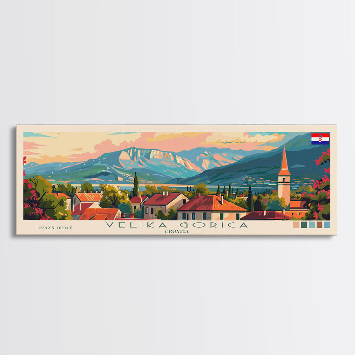 Velika Gorica Croatia Panoramic Travel Poster, Framed Canvas Print or Metal Wall Art, Travel Art, Home Decor, Panoramic Painting, Midcentury Art