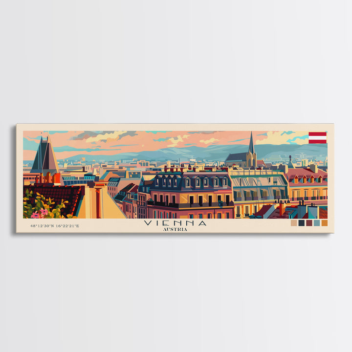 Vienna Austria Panoramic Travel Poster, Framed Canvas Print or Metal Wall Art, Travel Art, Home Decor, Panoramic Painting, Midcentury Art