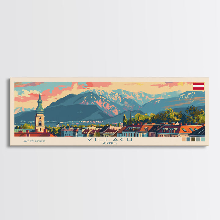 Villach Austria Travel Art, City Art, Framed Canvas Print or Metal Wall Art, Europe Travel Poster, Panoramic Wall Art, Extra Wide Wall Art