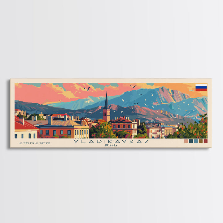 Vladikavkaz Russia Panoramic Travel Poster, Framed Canvas Print or Metal Wall Art, Travel Art, Home Decor, Panoramic Painting, Midcentury Art